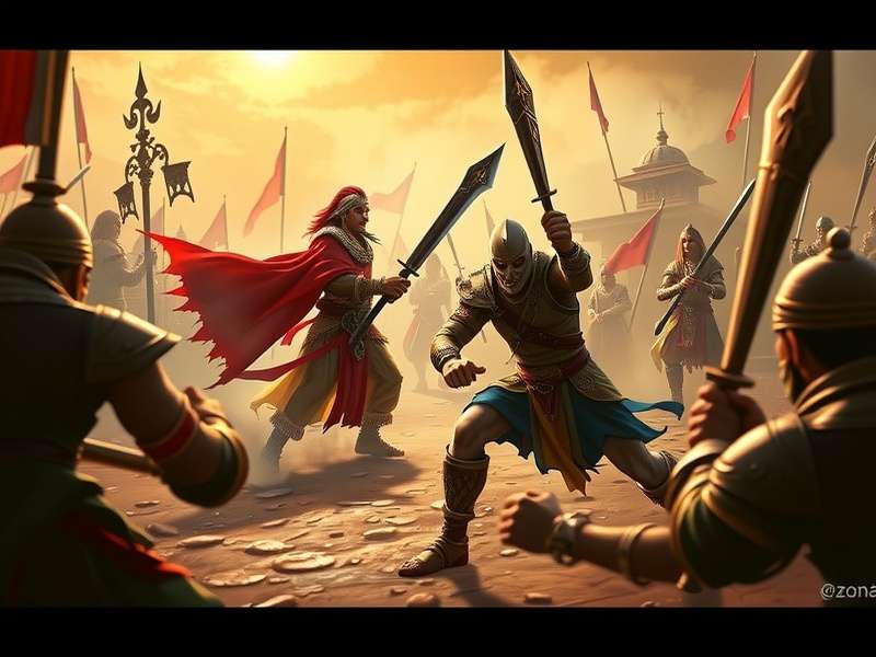 Fantasy Realm Warriors intense battle scene